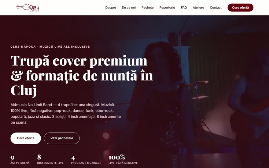 Site-ul M4music — trupă cover și formație de nuntă din Cluj