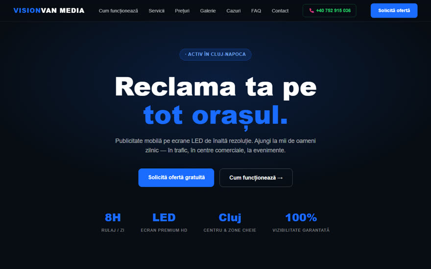 Site-ul VisionVan Media — publicitate mobilă pe ecrane LED în Cluj